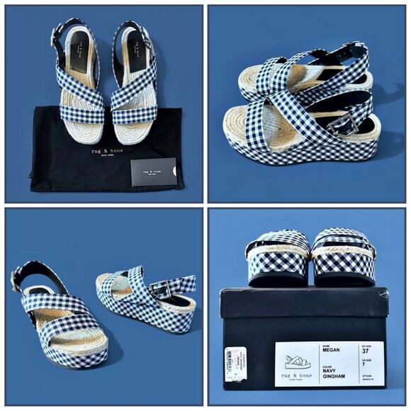 Rag & Bone Megan Platform Sandals Espadrilles Navy Gingham - Picture 4 of 16